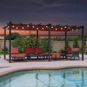 12 ft. x 18 ft. Gray Aluminum Frame Outdoor Patio Pergola with Red Retractable Sun Shade Canopy and String Lights