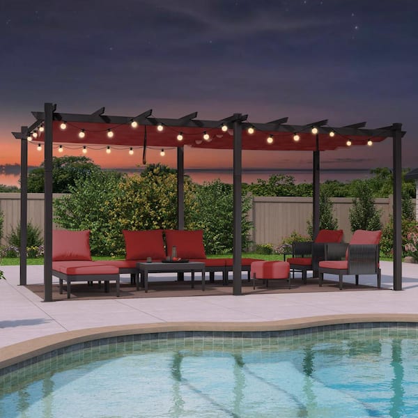PURPLE LEAF 12 ft. x 18 ft. Gray Aluminum Frame Outdoor Patio Pergola with Red Retractable Sun Shade Canopy and String Lights