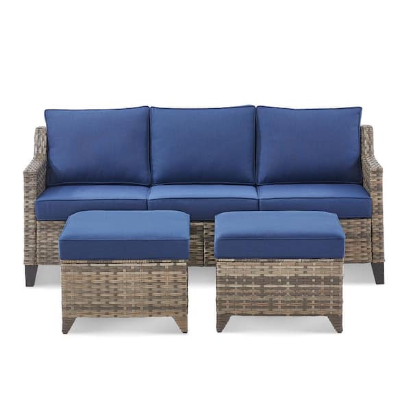 3-Piece Set Wicker Outdoor Sofa with Footstool and Blue Cushions