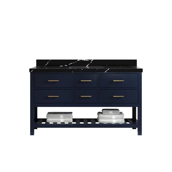 Willow Collections Parker 60 in. Double Sink Freestanding Navy Blue Bath Vanity with Calacatta Black Qt. Top Unassembled