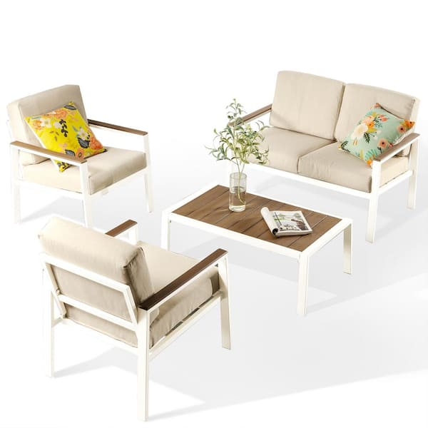 Zinus Dillon 4-Piece White Aluminum and Poly Lumber Outdoor Conversation Set with Beige Cushion