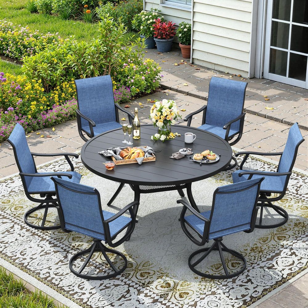 7-Piece Metal Patio Dining Set Frame with 47.2 in. Black Round Dining Table and 6 Blue Textilene Swivel Dining Chairs price history on PriceWatchPro