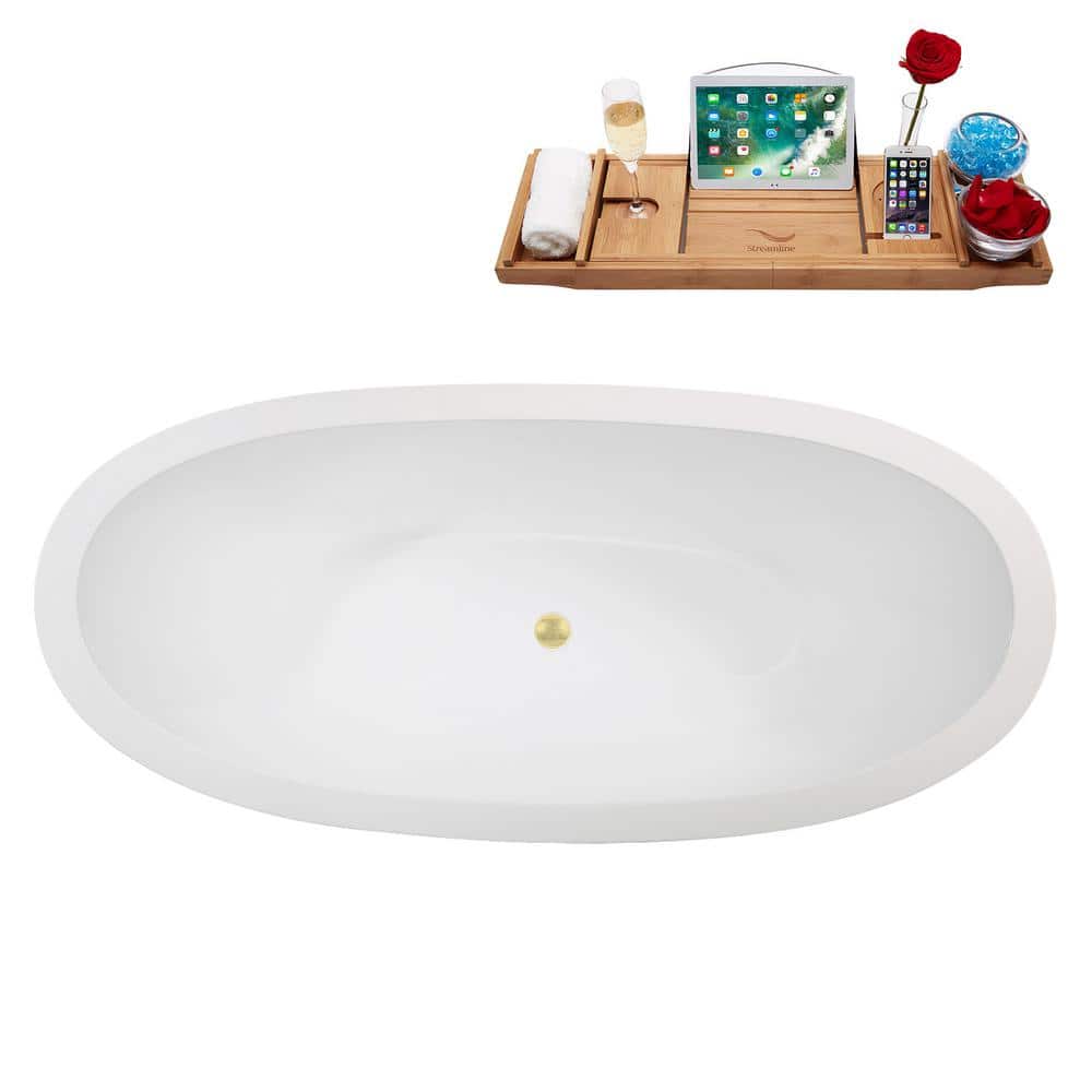 67" Matte White Acrylic Freestanding Slipper Tub with Polished Brass Trim