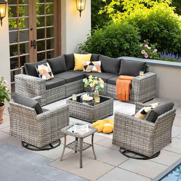 Zoila Gray 9-Piece Wicker 7.68 in. Wide Arm Outdoor Patio Sectional Set with Black Cushions and Swivel Rocking Chairs