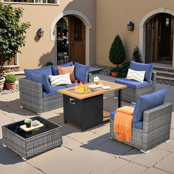 Sanibel Gray 6-Piece Wicker Outdoor Patio Conversation Sofa Set with a Storage Fire Pit and Denim Blue Cushions