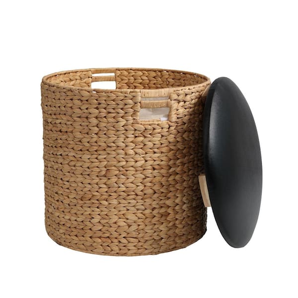 Josie 18 in. Modern Coastal Hand-Woven Hyacinth Storage Ottoman with Lid, Natural/Black