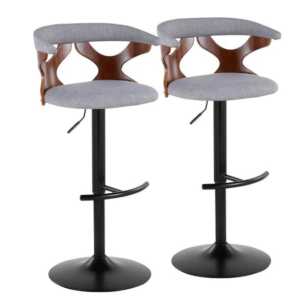 Lumisource Gardenia 32.5 in. Light Grey Fabric, Walnut Wood and Black Metal Adjustable Bar Stool (Set of 2)