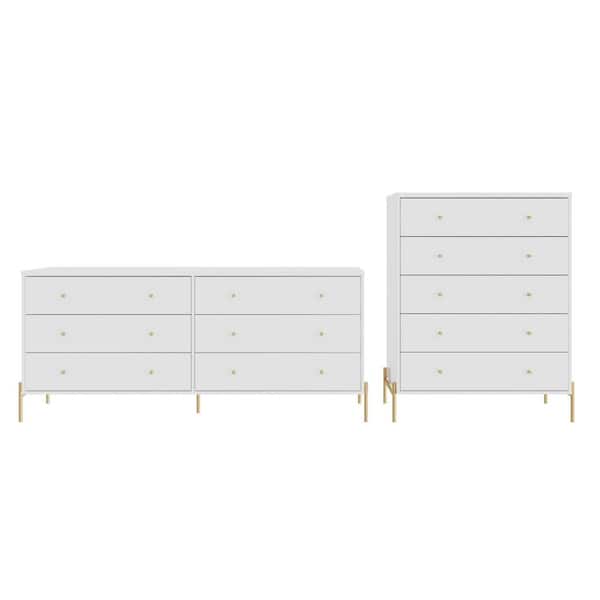 Manhattan Comfort Jasper White 5 Drawer Tall Dresser and 6 Drawer Double Wide Dresser (Set of 2)
