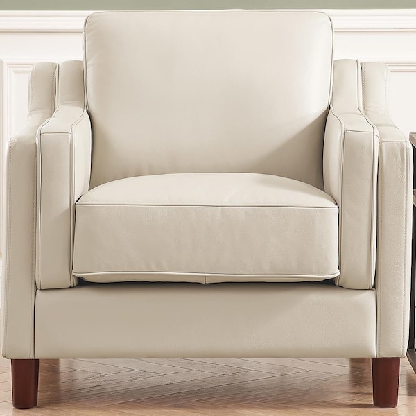 Bella Vanilla White Top Grain Leather Arm Chair with Removable Cushion