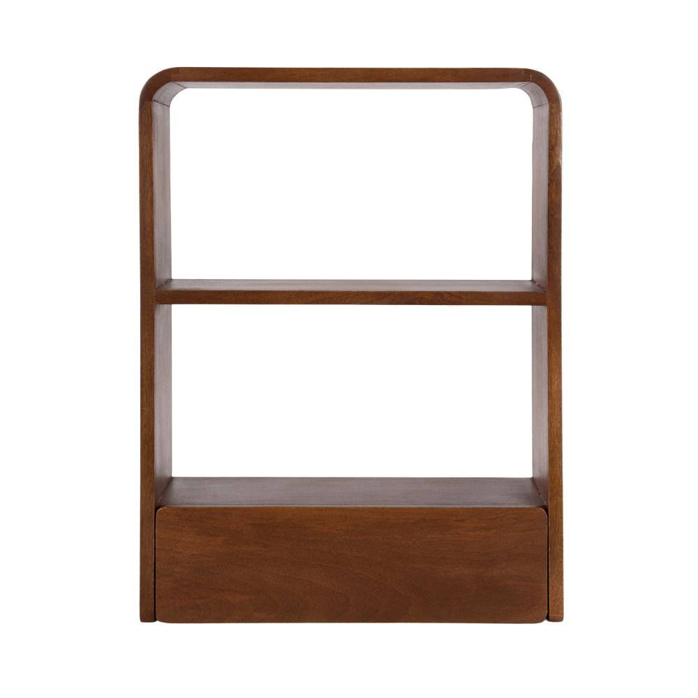 Walnut Brown Mango Wood Floating Wall Shelf with Drawer