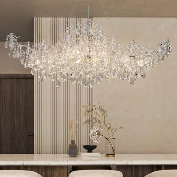 59 in. 18-Lights Silver Luxury Crystal Linear Chandelier Modern Branch Chandelier for Dinning Room, Kitchen, Living Room