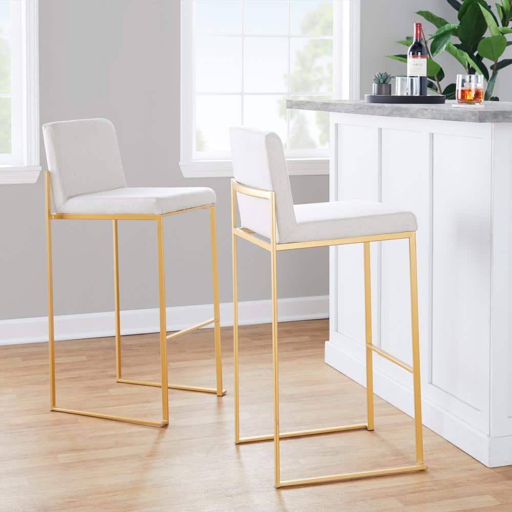 Fuji High Back Adjustable Gold Metal Barstools with Beige Upholstery