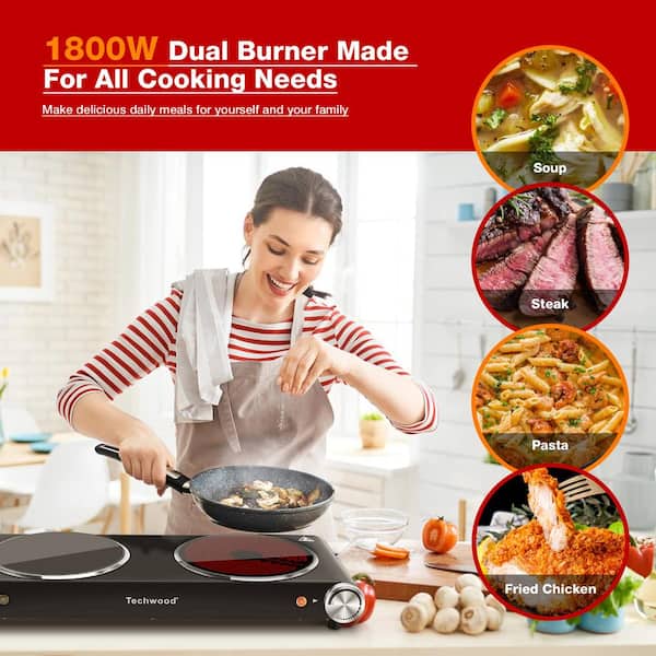 Hot Plate, CUSIMAX Double Burner Hot Plate for Cooking, 1800W Dual Control  Portable Stove Countertop Electric Burner Infrared Cooktop, Stainless Steel