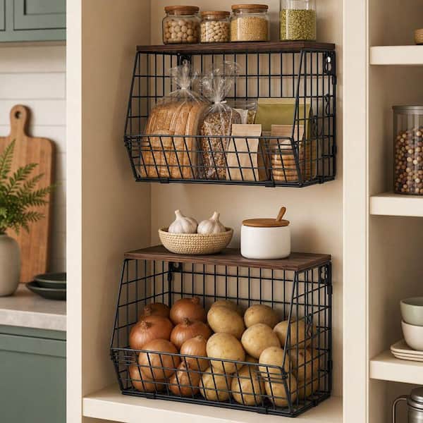 Wudkey 2 Pieces Stackable Kitchen Fruit Basket with Wood Lid, Wall and Countertop Organizer, Metal Hanging Fruit Basket