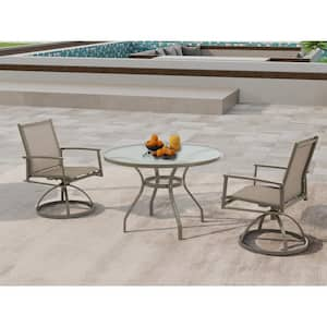 3-Piece Brown Metal Outdoor Bistro Set with Tan PVC Sling Swivel Rocker Chairs and Round Cast-Top Outdoor Table