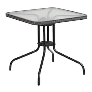 28 in. Square Tempered Glass Metal Table with Gray Rattan Edging