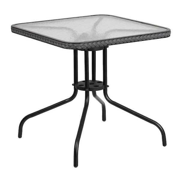 Unbranded 28 in. Square Tempered Glass Metal Table with Gray Rattan Edging