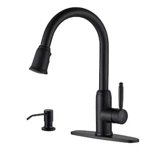 Elegant Stainless Steel Single Handle Pull Down Sprayer Kitchen Faucet with Soap Dispenser in Matte Black