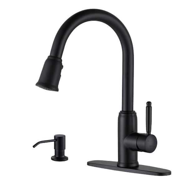 WOWOW Elegant Stainless Steel Single Handle Pull Down Sprayer Kitchen Faucet with Soap Dispenser in Matte Black