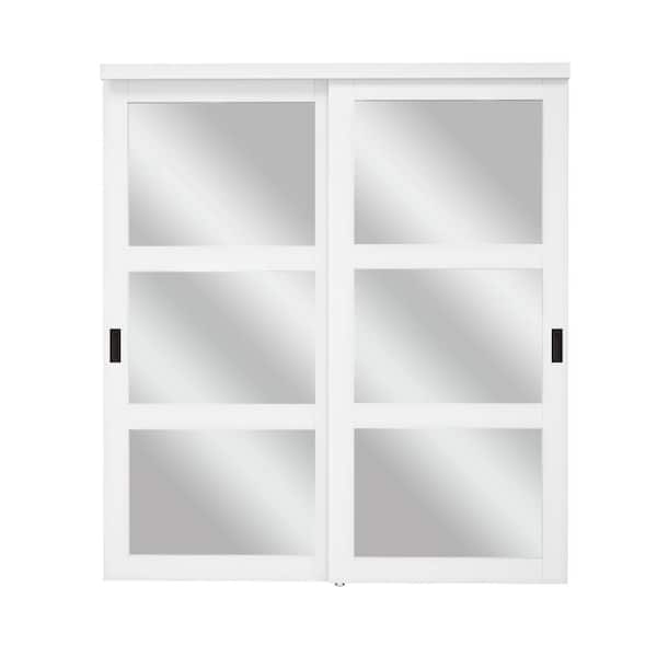 72 in. x 80 in. Solid Core 3-Lite Mirror White Primed MDF Interior Closet Sliding Door with Hardware
