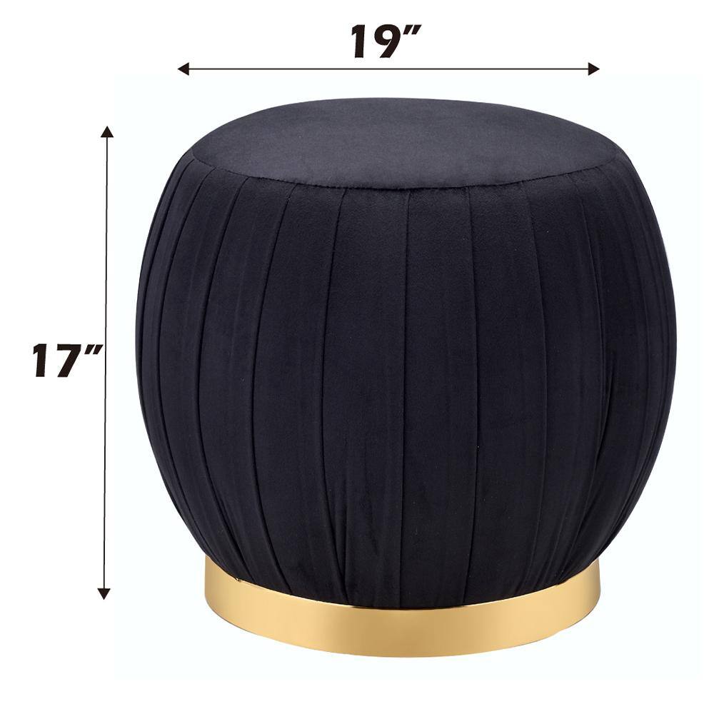 Meelano Luxe Round Black Velvet Ottoman with Gold Cylinder Base