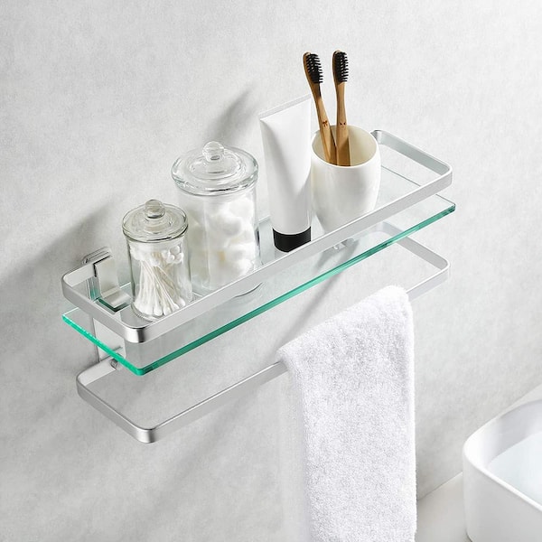 Acehoom 14 in. W x 5 in. D x 12 in. H Silver Wall Mount 2-Tier Bathroom Glass Floating Shelf