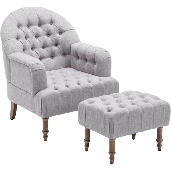 Unbranded Modern Gray Soft Cozy Linen Nailhead Trim Button Tufted Upholstered Sofa Chair with Ottoman