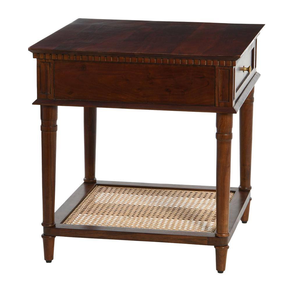 Dark Chestnut Solid Wood End Table with Cane Shelf and Drawer