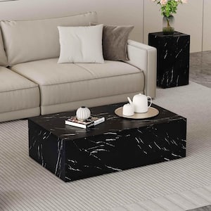 39.3 in. Black Rectangle MDF Coffee Table with Marble Texture Finish Top