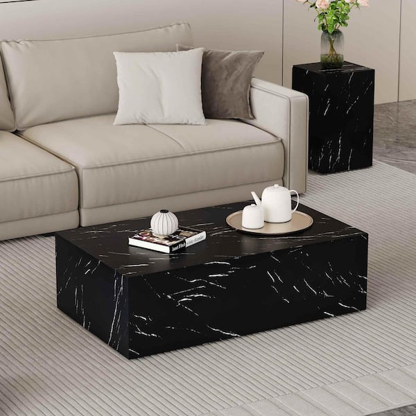 Polibi 39.3 in. Black Rectangle MDF Coffee Table with Marble Texture Finish Top