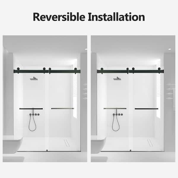 Reversible 56 to 60 in. W x 76 in. H Double Sliding Frameless Shower Door in Matte Black Finish with Tempered Glass