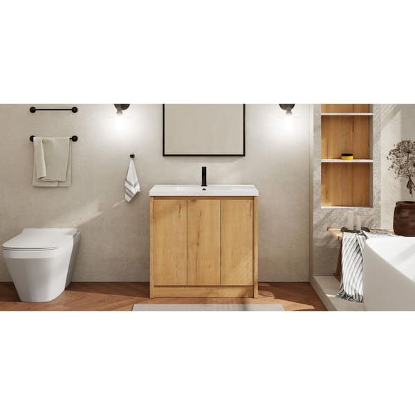 eclife Natural Wood 36 in. W Single Sink Freestanding Oak Bath