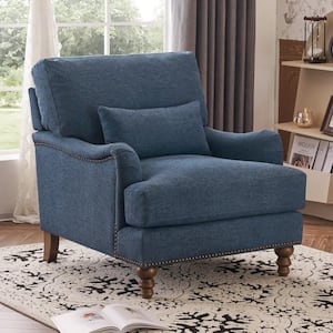 39 in. W Blue Fabric Upholstered Club Chair with Nailhead Trim Wooden Leg Accent Chair