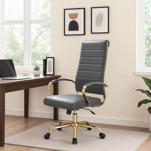 Benmar Leather High-Back Office Chair Adjustable Height, Swivel, Tilt in Stainless Steel Gold Frame in Grey