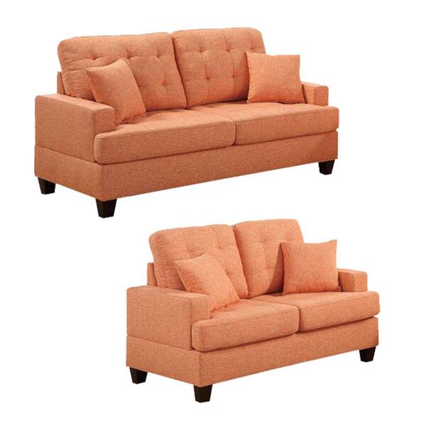 Benjara Poly Fiber 2-Piece Orange Sofa Set with Plush Cushion