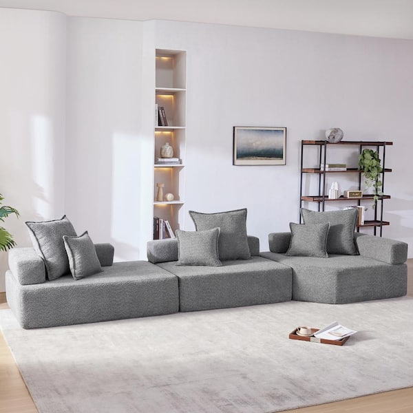J&E Home 151 in. Square Arm 3-piece Boucle Fabric Modular Oversized Free Combination Sectional Sofa in. Gray