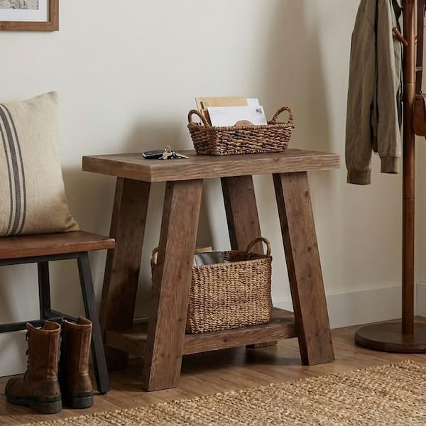 27.6 in. Brown Rectangle Solid Wood End Table with Storage, 2-Tier Narrow Side Table for Living Room, Nightstand Bedroom