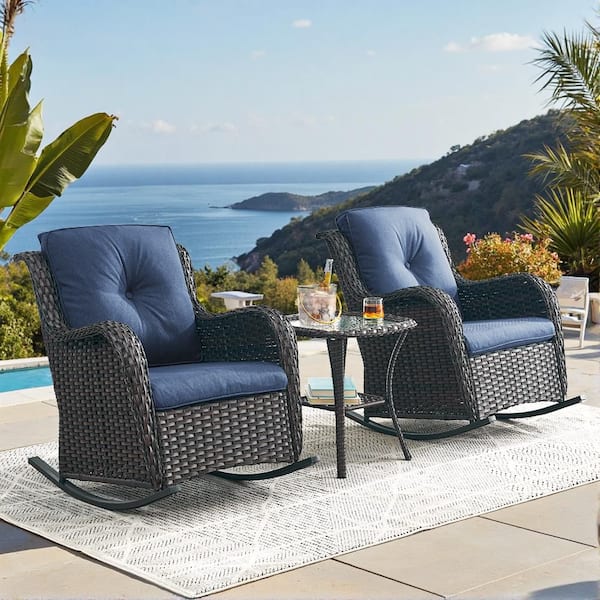 Outdoor Brown Wicker Outdoor Rocking Chair with CushionGuard Blue Cushions Patio (Set 2-Pack)