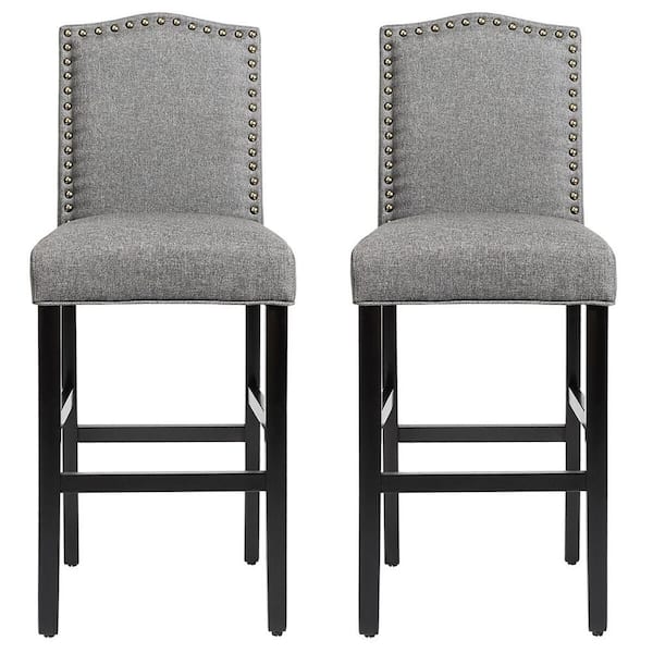 Costway 30 in. Upholstered Kitchen Rubber Wood Full Back Bar Stools and Gray Cushion (Set of 2)