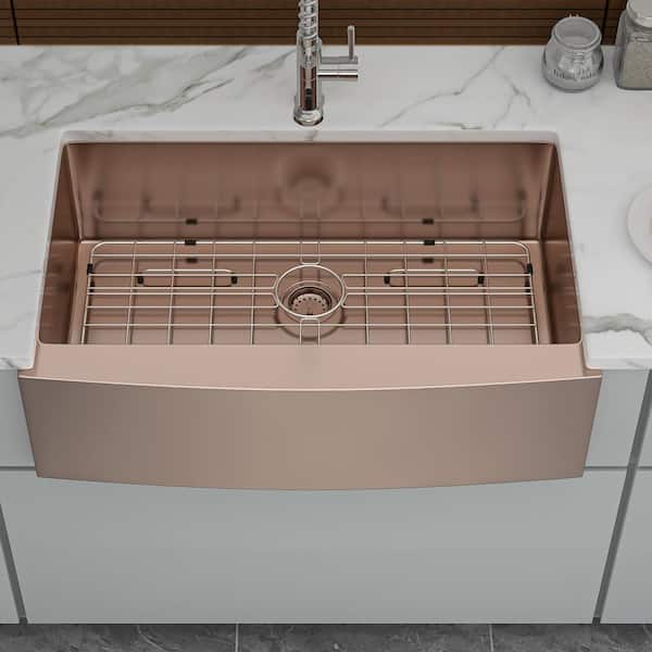 33 in. Farmhouse Single Bowl 16-Gauge Rose Gold Stainless Steel Kitchen Sink with Bottom Grids
