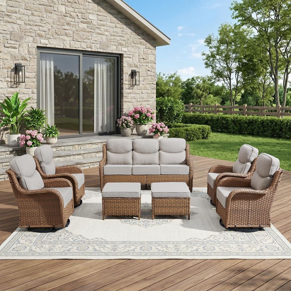 MoonLuxe Yellow Swivel Glider Wicker Patio Conversation Set with Beige Olefin 6 in. Thick Cushions (7-Piece) price history on PriceWatchPro