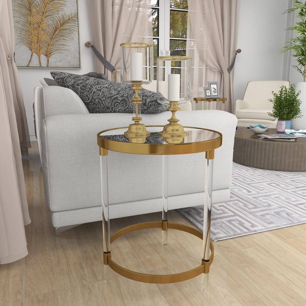 Elegant Gold Round Acrylic Accent Table with Mirrored Top