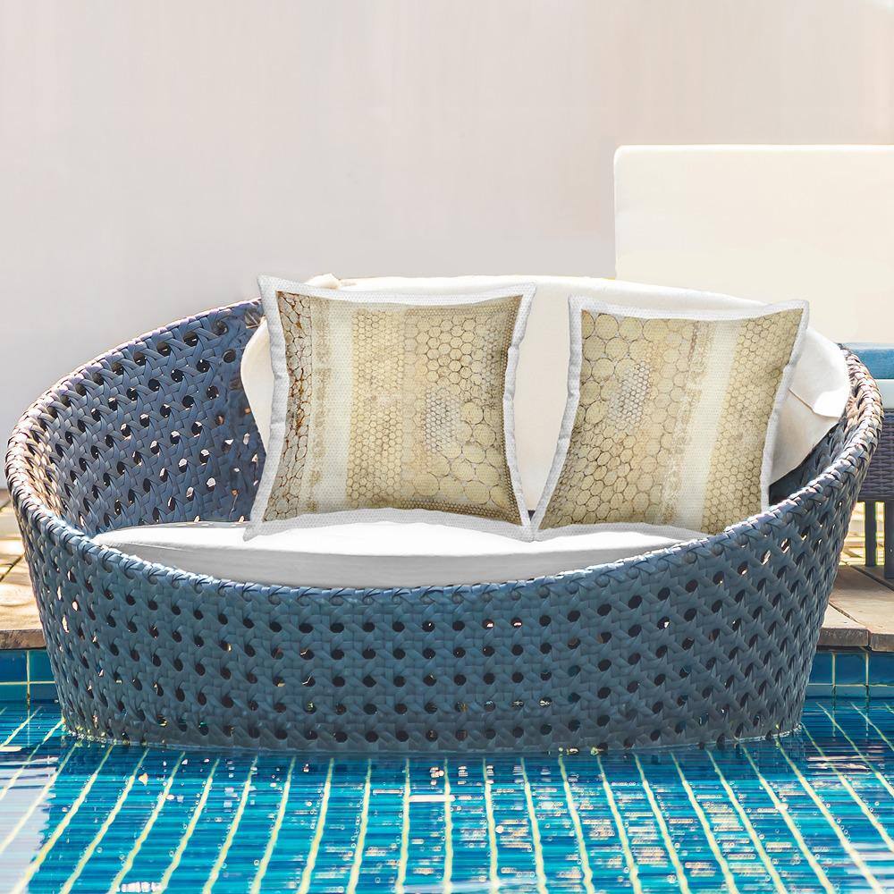 Beige and White Geometric Square Outdoor Throw Pillow Set