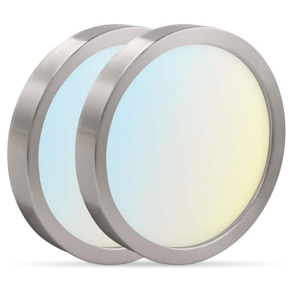 LUXRITE 5 in. Nickel Modern Flush MountCeiling LightFixture Selectable LED Integrated 10W 600LM 5CCT 2700K-5000K Dimmable 2-Pack