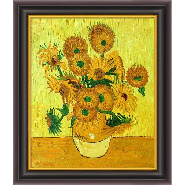 LA PASTICHE Vase with Fifteen Sunflowers by Vincent Van Gogh Opulent Framed Abstract Oil Painting Art Print 26 in. x 30 in.