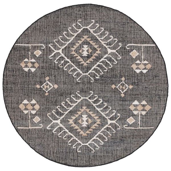 Kilim 9 ft. x 9 ft. Round Black/Ivory Ornamental Border Area Rug