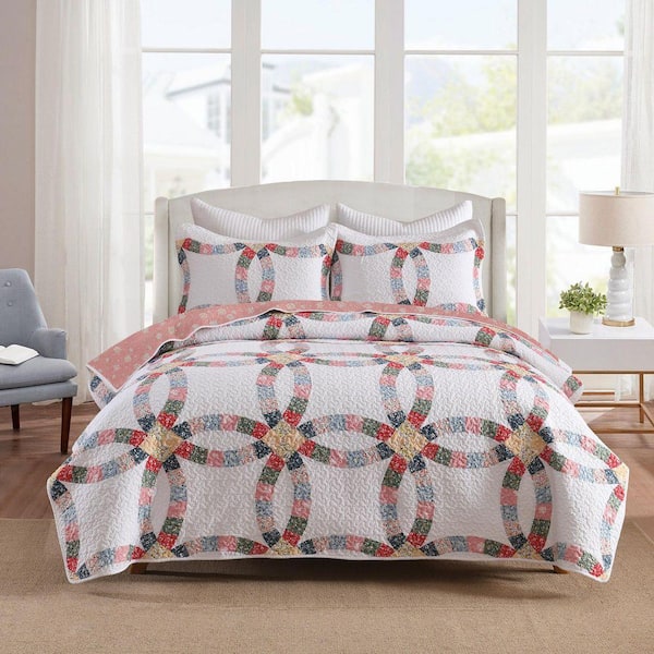 CP325 3 Pieces Double-Ring Chain Patchwork King Size Cotton Quilt Bedspread Set