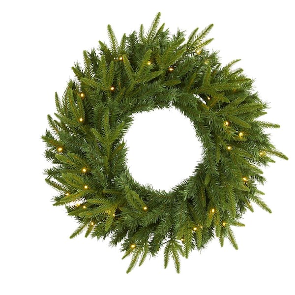 Nearly Natural 24 in. Pre-Lit Long Pine Artificial Christmas Wreath with 35 Clear LED Lights