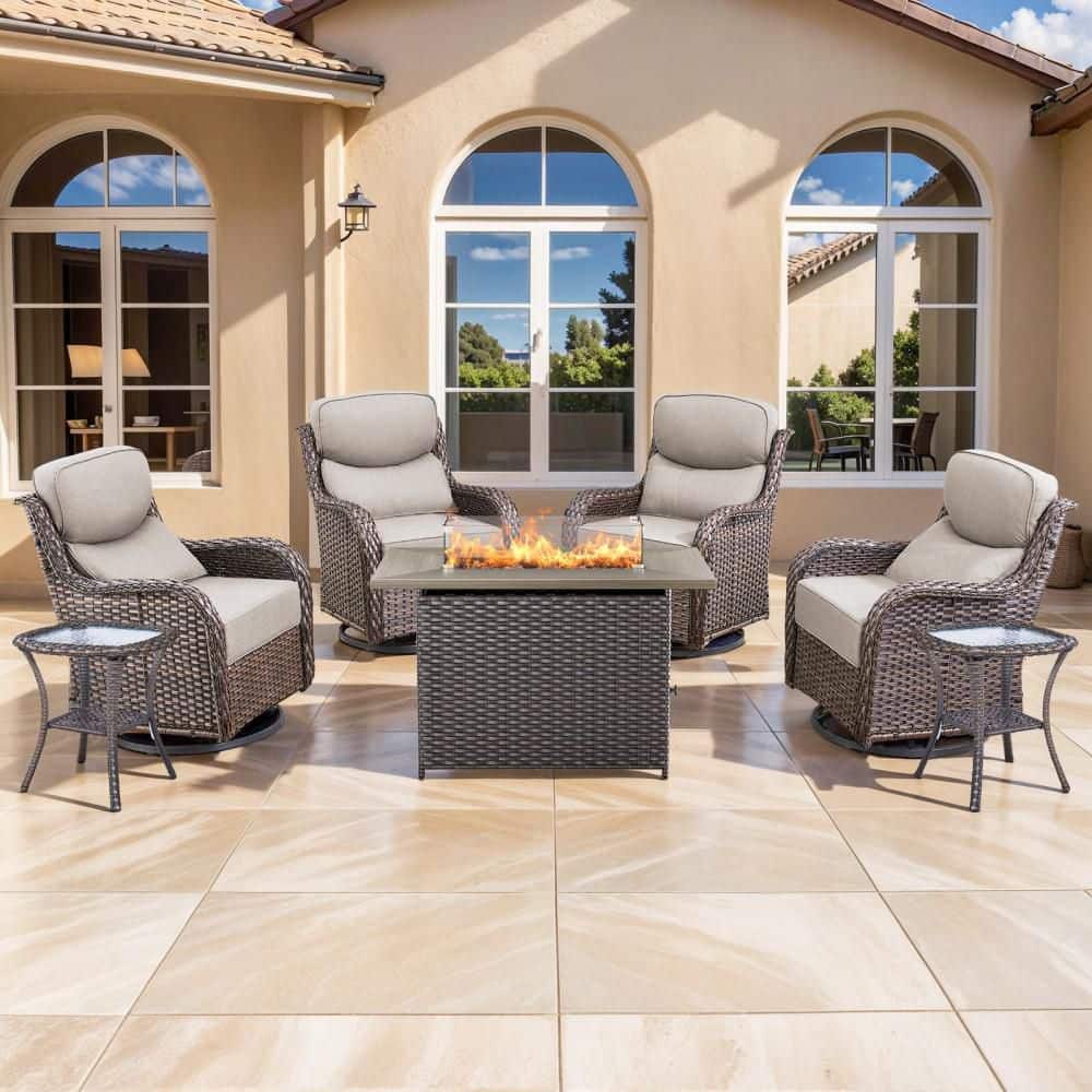 NovaSwivel 7-Piece Brown Wicker Patio Conversation Set Outdoor Fire Pit with 6 in. Beige Cushions and Swivel Gliders price history on PriceWatchPro