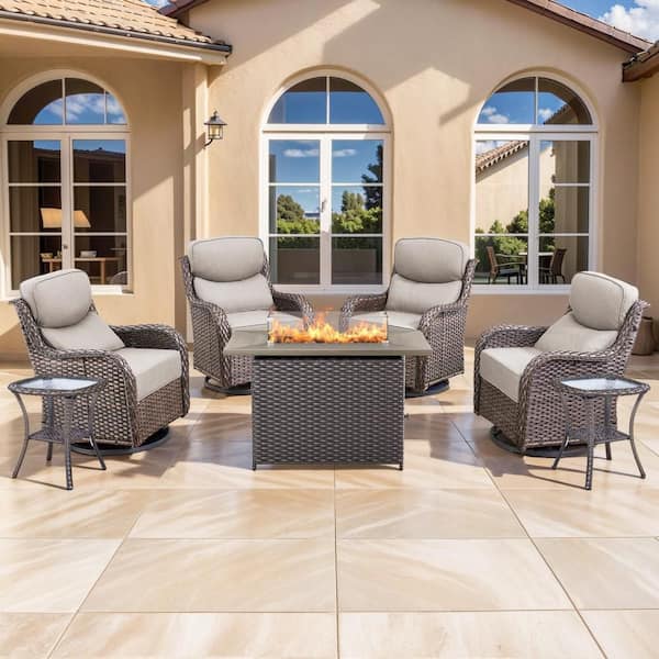 NovaSwivel 7-Piece Brown Wicker Patio Conversation Set Outdoor Fire Pit with 6 in. Beige Cushions and Swivel Gliders